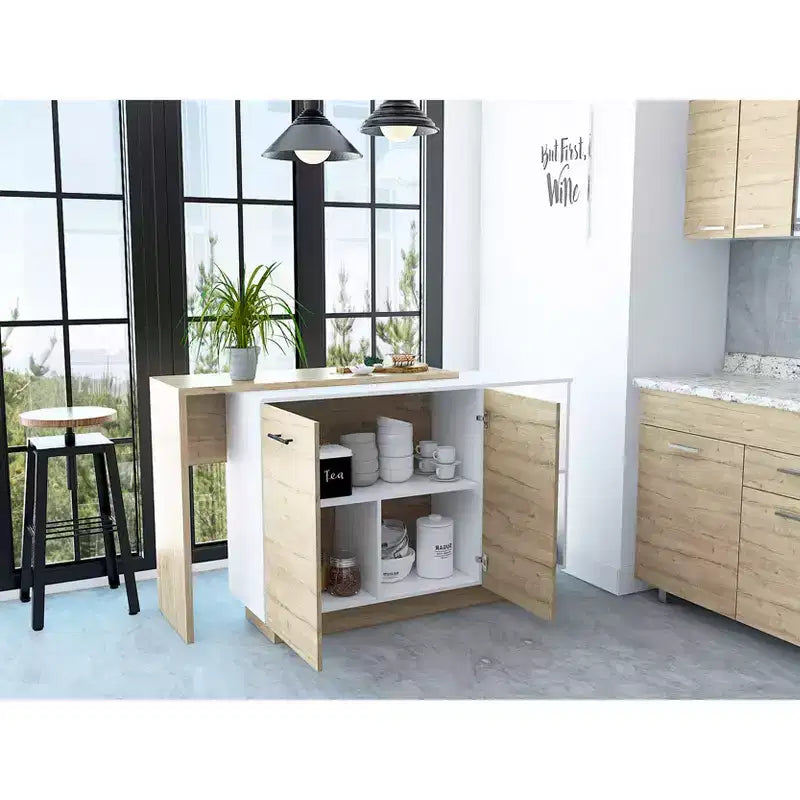 Okak Isola da Cucina Moderna con Design Unico del Piano, Tavolo Isola da Cucina con 2 Ripiani, 1 Cassetto e 3 Scomparti, Organizer da Banco