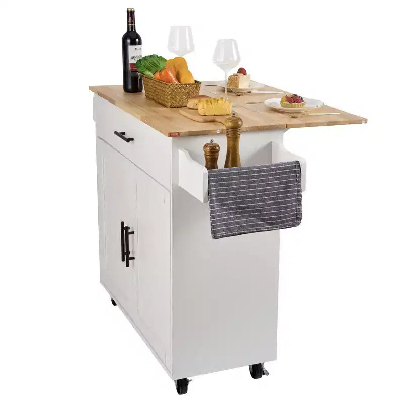 Okak Isola da Cucina con Piano in Legno Massello, Carrello da Cucina con Mobile Contenitore, Ribalta e Cassetto, Organizer da Banco per Cucina, Bianco