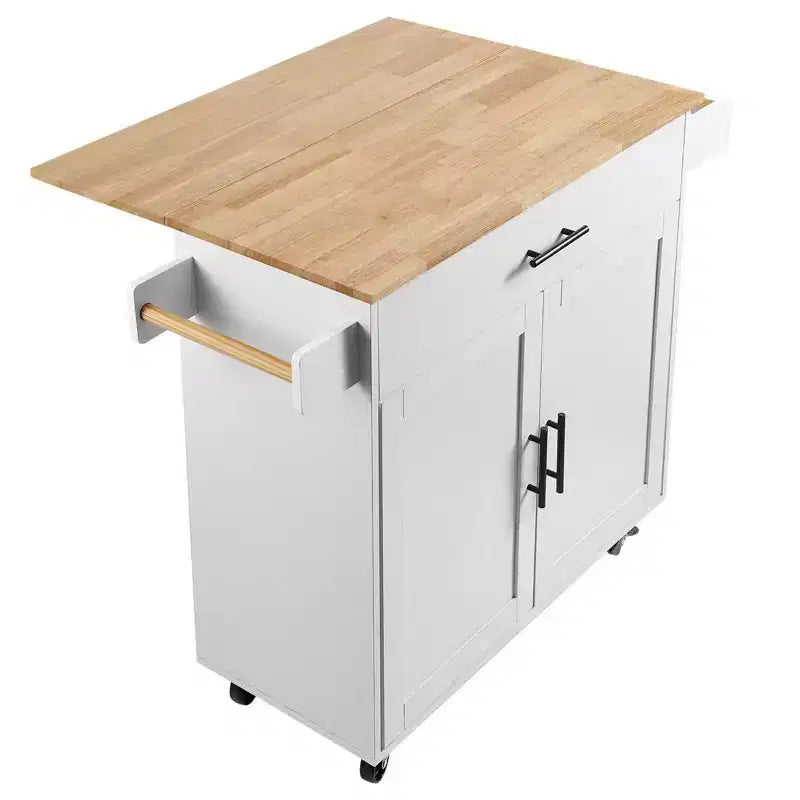 Okak Isola da Cucina con Piano in Legno Massello, Carrello da Cucina con Mobile Contenitore, Ribalta e Cassetto, Organizer da Banco per Cucina, Bianco