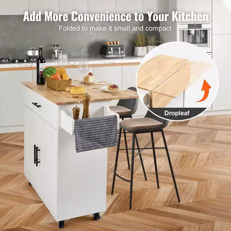 Okak Isola da Cucina con Piano in Legno Massello, Carrello da Cucina con Mobile Contenitore, Ribalta e Cassetto, Organizer da Banco per Cucina, Bianco