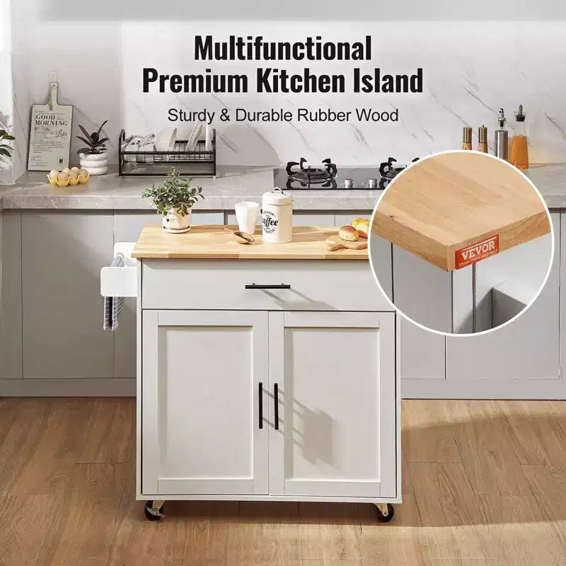 Okak Isola da Cucina con Piano in Legno Massello, Carrello da Cucina con Mobile Contenitore, Ribalta e Cassetto, Organizer da Banco per Cucina, Bianco