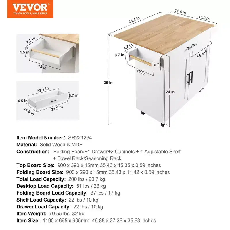 Okak Isola da Cucina con Piano in Legno Massello, Carrello da Cucina con Mobile Contenitore, Ribalta e Cassetto, Organizer da Banco per Cucina, Bianco