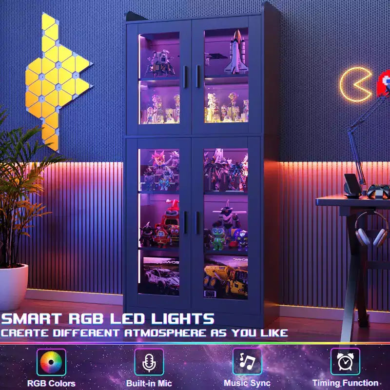 Besiost Vetrinetta a 5 Ripiani con Ante in Vetro, Libreria Alta con Luci a LED
