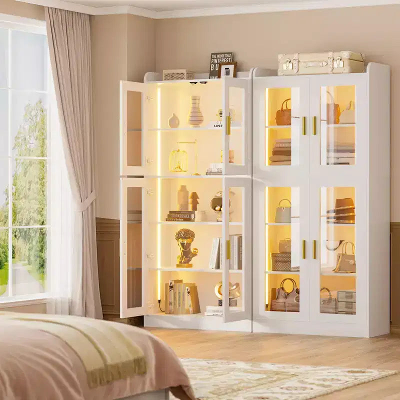 Besiost Vetrinetta a 5 Ripiani con Ante in Vetro, Libreria Alta con Luci a LED