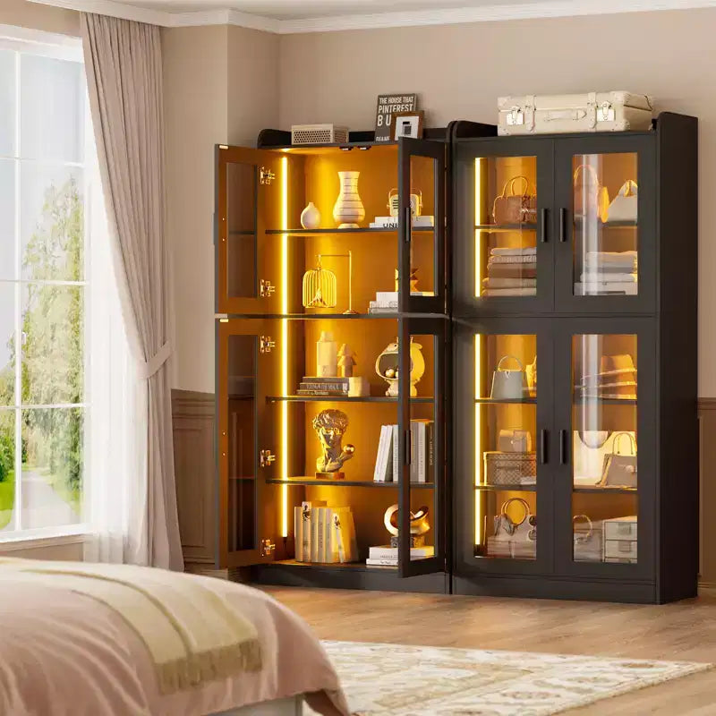 Besiost Vetrinetta a 5 Ripiani con Ante in Vetro, Libreria Alta con Luci a LED