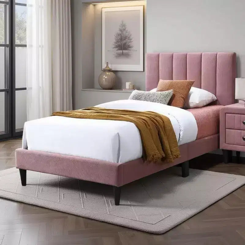 Royal Hampton Twin Size Bed, Blush Pink Linen Upholstery, Channel Tufted