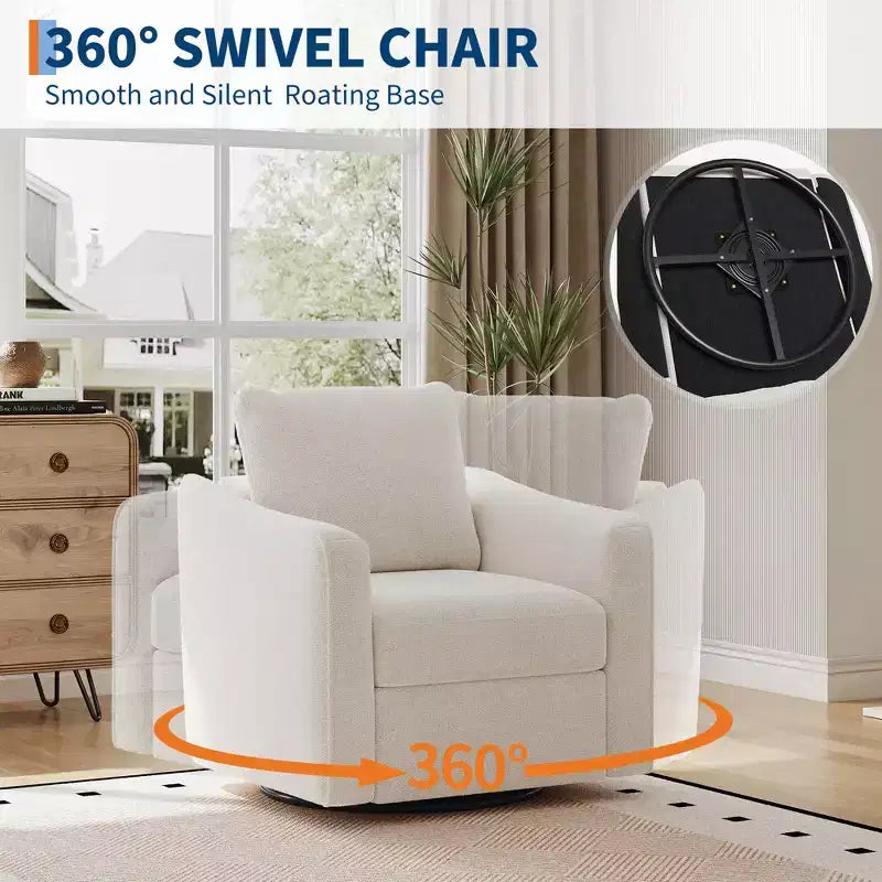 Poltrona girevole per soggiorno, poltrona moderna in lino imbottita, base in acciaio che supporta fino a 200 kg, sedia da lettura con schienale ergonomico