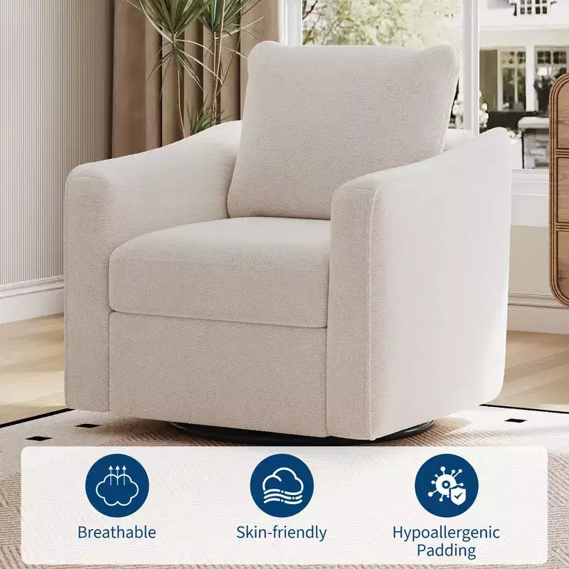 Poltrona girevole per soggiorno, poltrona moderna in lino imbottita, base in acciaio che supporta fino a 200 kg, sedia da lettura con schienale ergonomico
