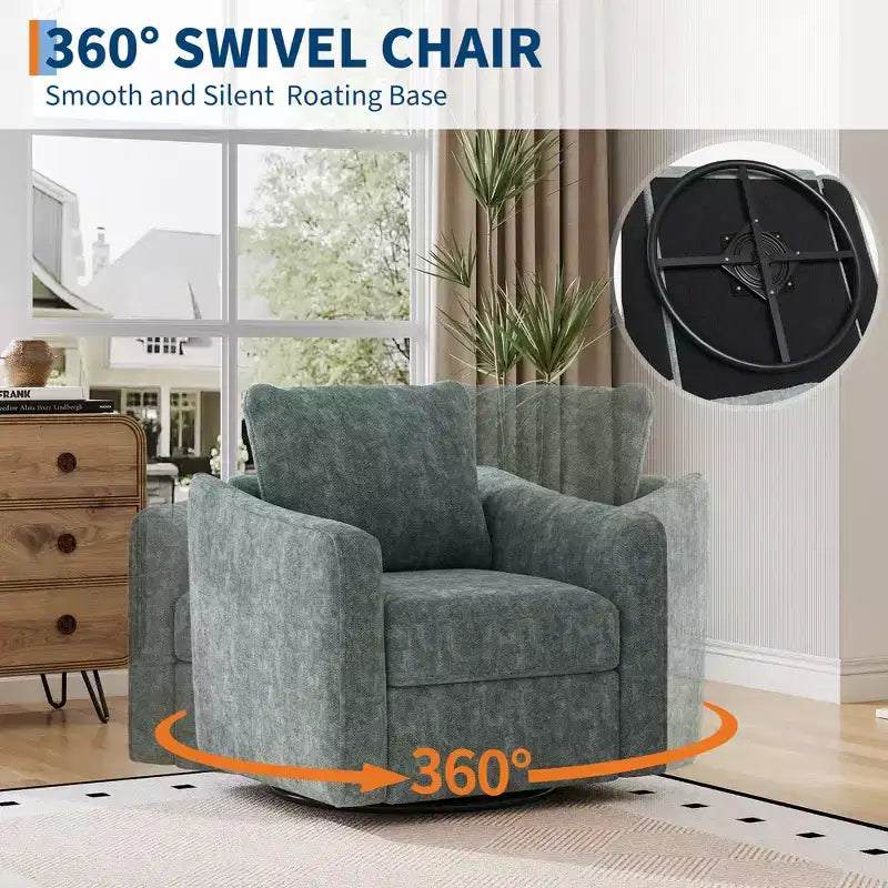 Poltrona girevole per soggiorno, poltrona moderna in lino imbottita, base in acciaio che supporta fino a 200 kg, sedia da lettura con schienale ergonomico
