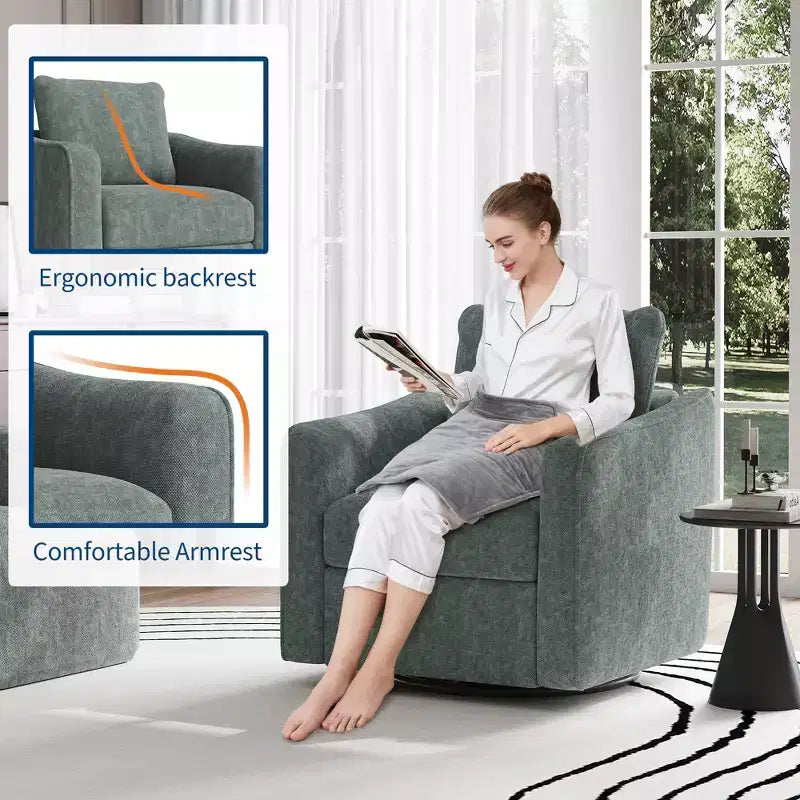 Poltrona girevole per soggiorno, poltrona moderna in lino imbottita, base in acciaio che supporta fino a 200 kg, sedia da lettura con schienale ergonomico