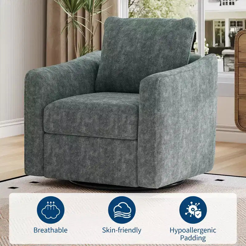 Poltrona girevole per soggiorno, poltrona moderna in lino imbottita, base in acciaio che supporta fino a 200 kg, sedia da lettura con schienale ergonomico