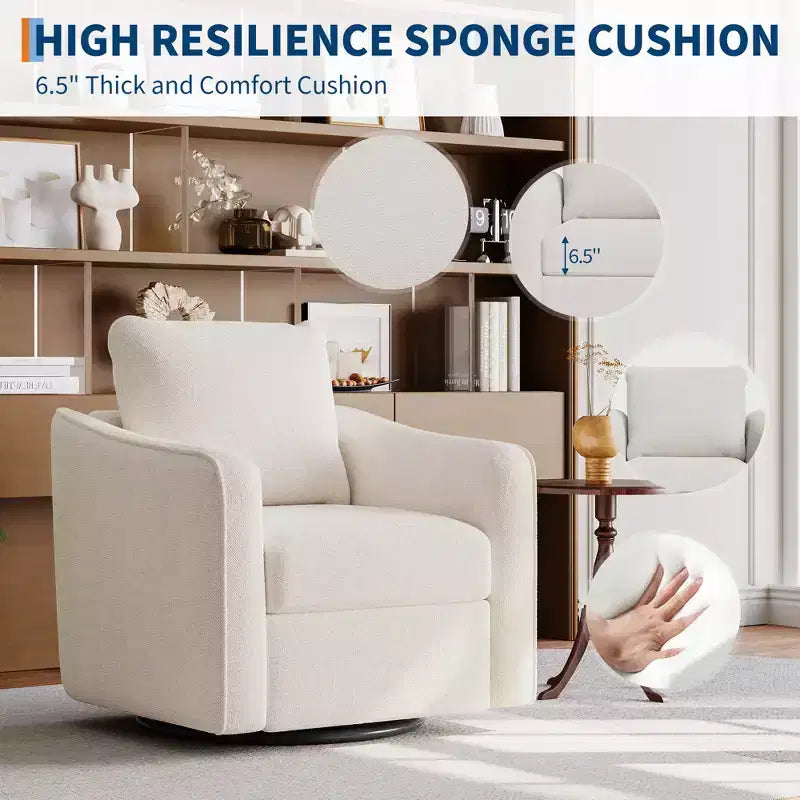 Poltrona girevole per soggiorno, poltrona moderna in lino imbottita, base in acciaio che supporta fino a 200 kg, sedia da lettura con schienale ergonomico