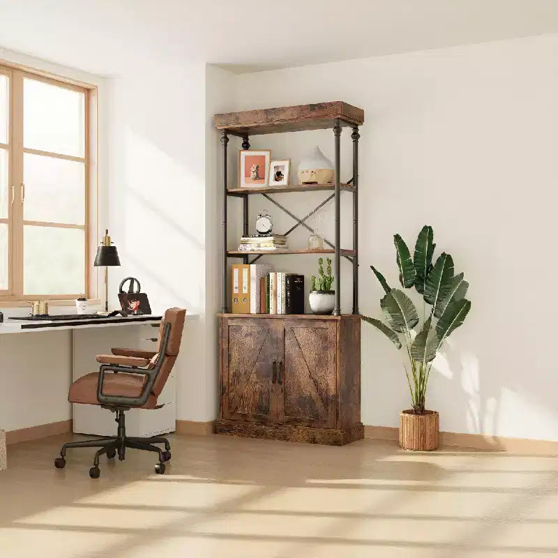 Libreria da Fattoria con Ante, Scaffale in Legno da 74 pollici con Mobiletto Contenitore, Design Vintage a Scaffale Aperto per Soggiorno, Ufficio, Camera da Letto, Biblioteca