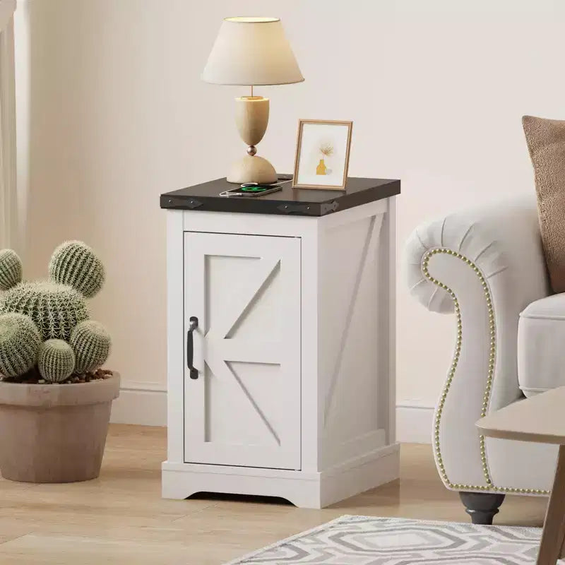 GustoWave Farmhouse End Table Nightstand with Adjustable Shelf and Cord Management, Modern Bedside Table for Bedroom & Living Room - White