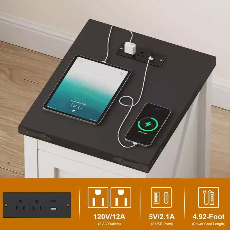 GustoWave Tavolino da divano/Comodino da fattoria con ripiano regolabile e gestione cavi, comodino moderno per camera da letto e soggiorno - Bianco