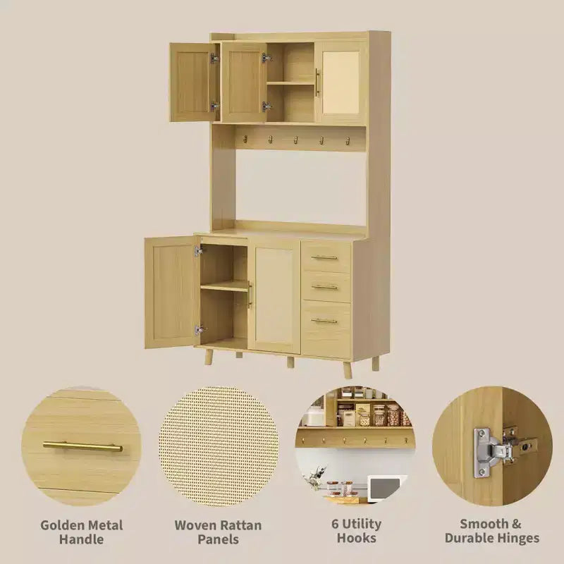 Dispensa in Rattan, Mobile dispensa da 71 pollici con supporto per microonde, Credenza autoportante con cassetti, ganci, mobile contenitore per sala da pranzo, cucina, soggiorno