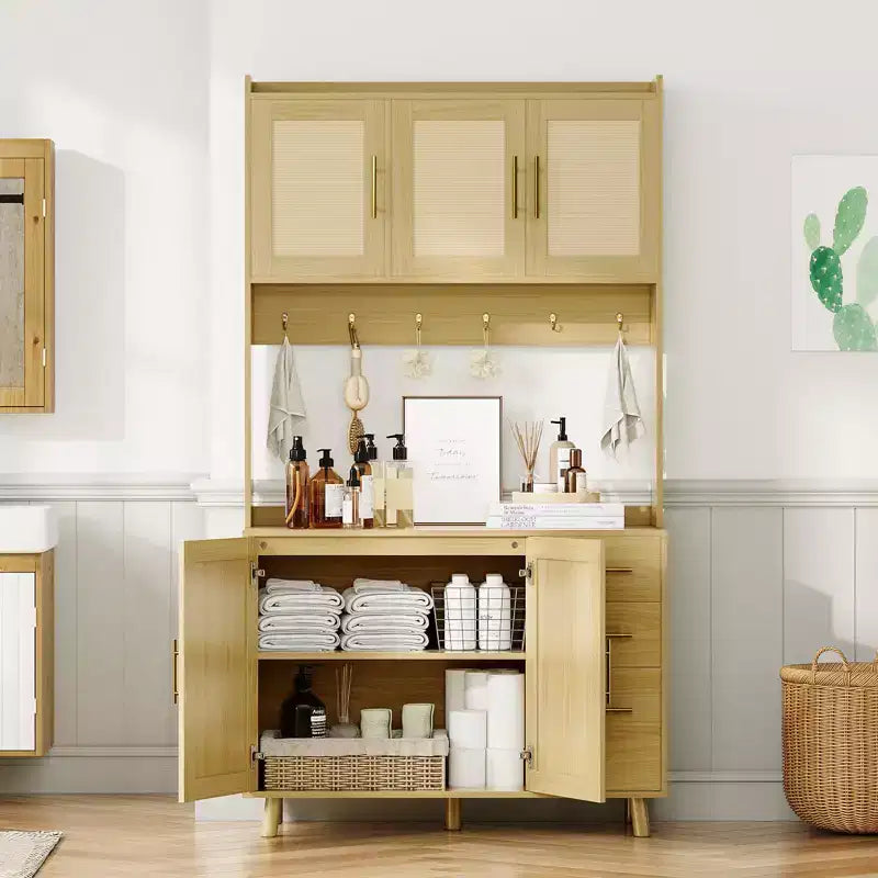 Dispensa in Rattan, Mobile dispensa da 71 pollici con supporto per microonde, Credenza autoportante con cassetti, ganci, mobile contenitore per sala da pranzo, cucina, soggiorno