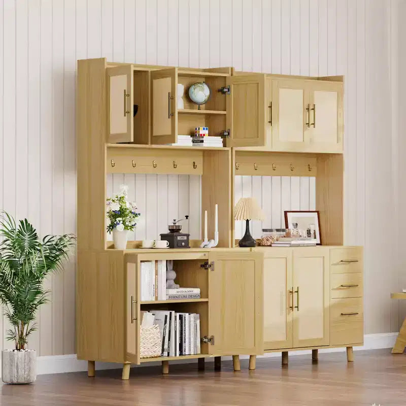 Dispensa in Rattan, Mobile dispensa da 71 pollici con supporto per microonde, Credenza autoportante con cassetti, ganci, mobile contenitore per sala da pranzo, cucina, soggiorno