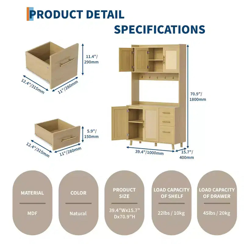 Dispensa in Rattan, Mobile dispensa da 71 pollici con supporto per microonde, Credenza autoportante con cassetti, ganci, mobile contenitore per sala da pranzo, cucina, soggiorno