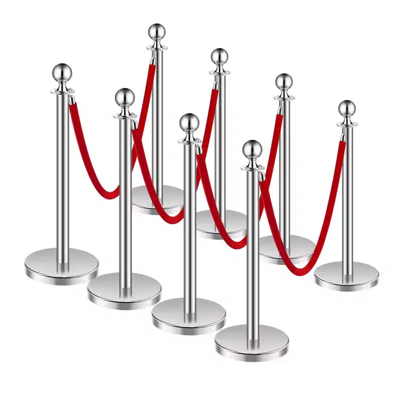 VEVOR Stanchions and Velvet Ropes 8Pcs, Hollow Base with Stainless Steel Post, 4 Red Velvet Ropes and Posts, Crowd Control Barriers Stanchions,Silver