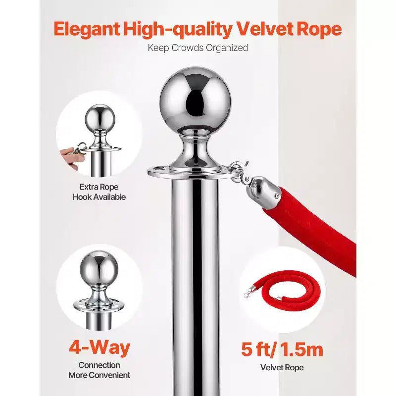 VEVOR Paletti per Cordonate con Corde in Velluto, 8 Pezzi, Base Cava con Palo in Acciaio Inox, 4 Corde e Paletti in Velluto Rosso, Barriere di Controllo della Folla, Argento