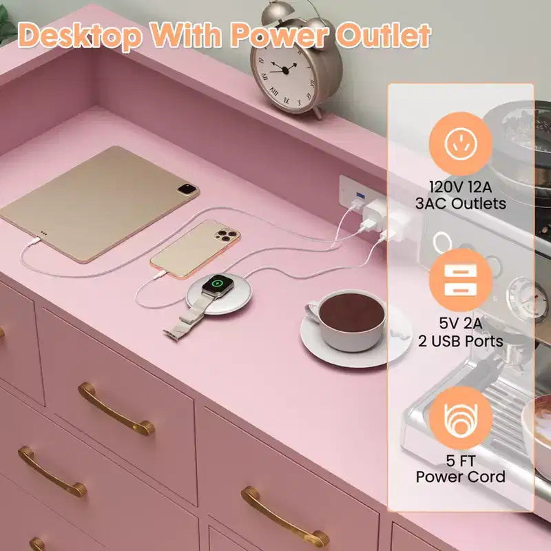 Comò a 8 cassetti con luci a LED e stazione di ricarica, Cassettiera moderna per la camera da letto, Cassettiera in legno con spazio aperto, Organizzatore di archiviazione per il soggiorno,