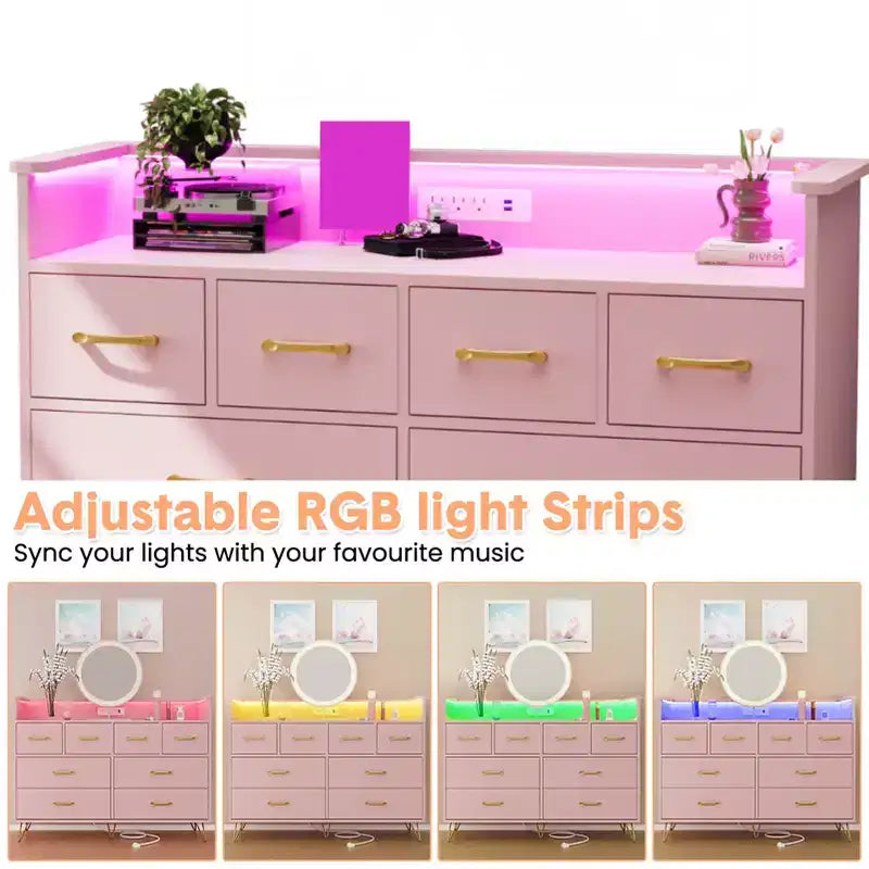 Comò a 8 cassetti con luci a LED e stazione di ricarica, Cassettiera moderna per la camera da letto, Cassettiera in legno con spazio aperto, Organizzatore di archiviazione per il soggiorno,