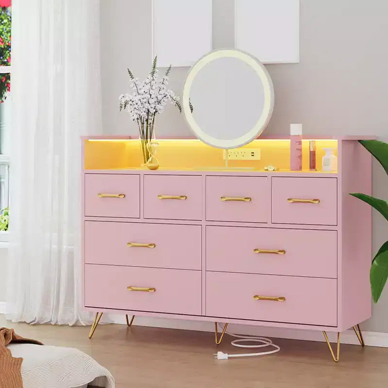 Comò a 8 cassetti con luci a LED e stazione di ricarica, Cassettiera moderna per la camera da letto, Cassettiera in legno con spazio aperto, Organizzatore di archiviazione per il soggiorno,