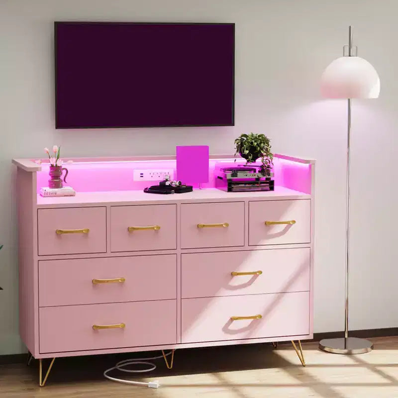 Comò a 8 cassetti con luci a LED e stazione di ricarica, Cassettiera moderna per la camera da letto, Cassettiera in legno con spazio aperto, Organizzatore di archiviazione per il soggiorno,