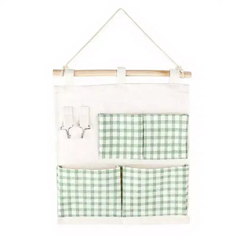 Alilang Hanging Wall Organizer with Green Gingham Pockets and Wooden Rod 12x14in