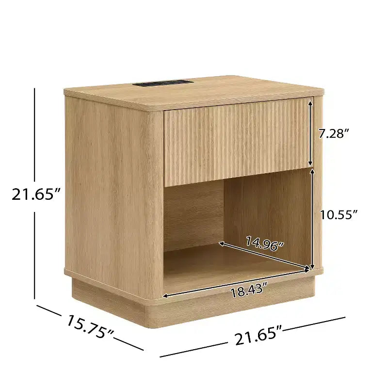 Comodino con presa e porta USB, tavolino moderno con stazione di ricarica e cassetto portaoggetti, design moderno per piccoli spazi, colore naturale