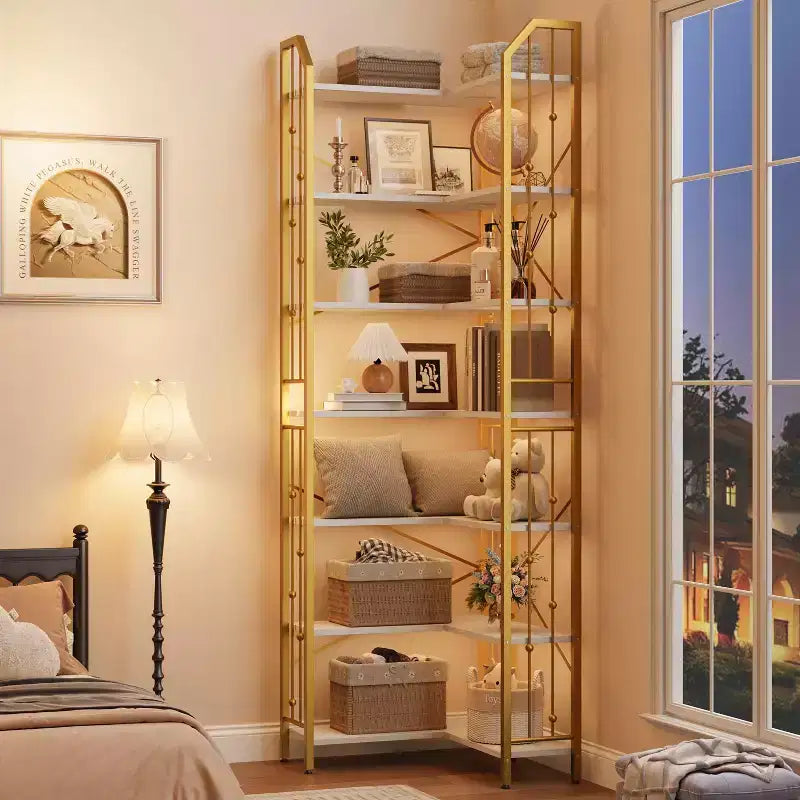 Scaffale angolare a 7 ripiani GustoWave, libreria a L alta 86 cm con struttura in metallo