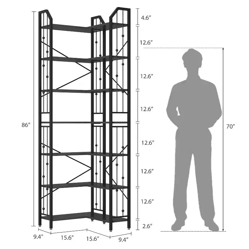 Scaffale angolare a 7 ripiani GustoWave, libreria a L alta 86 cm con struttura in metallo