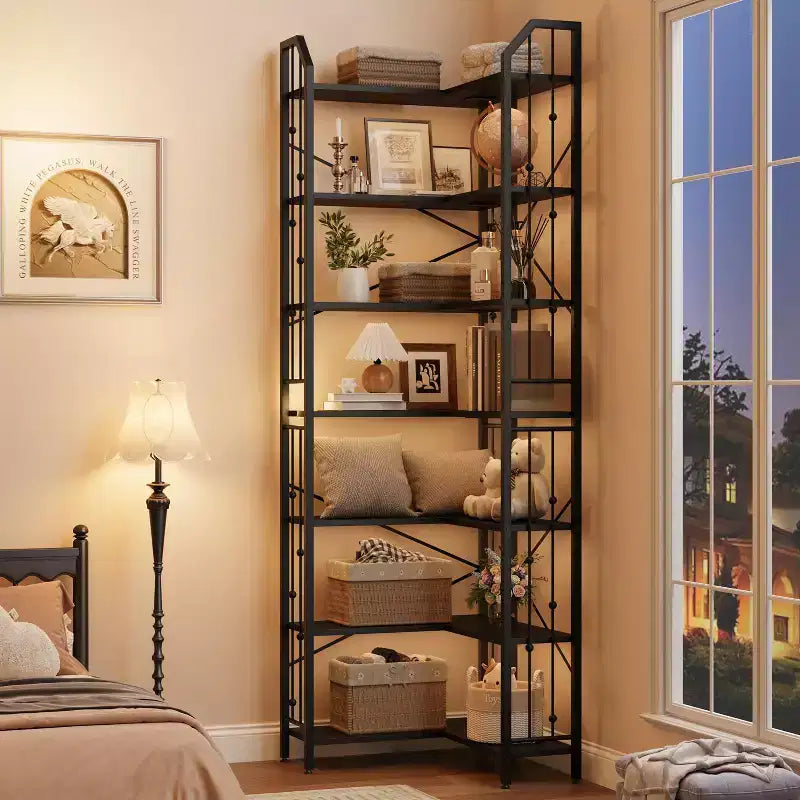 Scaffale angolare a 7 ripiani GustoWave, libreria a L alta 86 cm con struttura in metallo