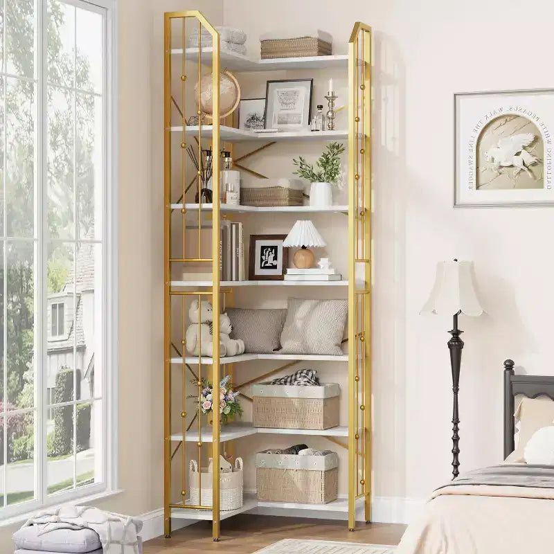 Scaffale angolare a 7 ripiani GustoWave, libreria a L alta 86 cm con struttura in metallo