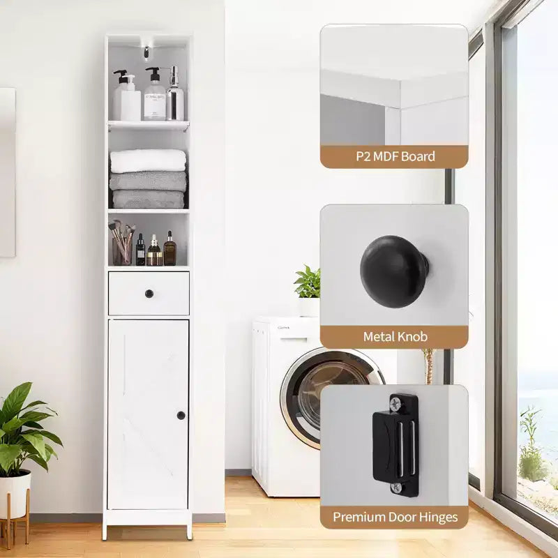 Mobiletto alto da bagno, Organizer alto da bagno autoportante con 3 ripiani aperti e 2 armadietti contenitori