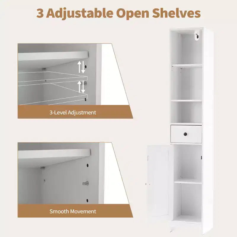 Mobiletto alto da bagno, Organizer alto da bagno autoportante con 3 ripiani aperti e 2 armadietti contenitori