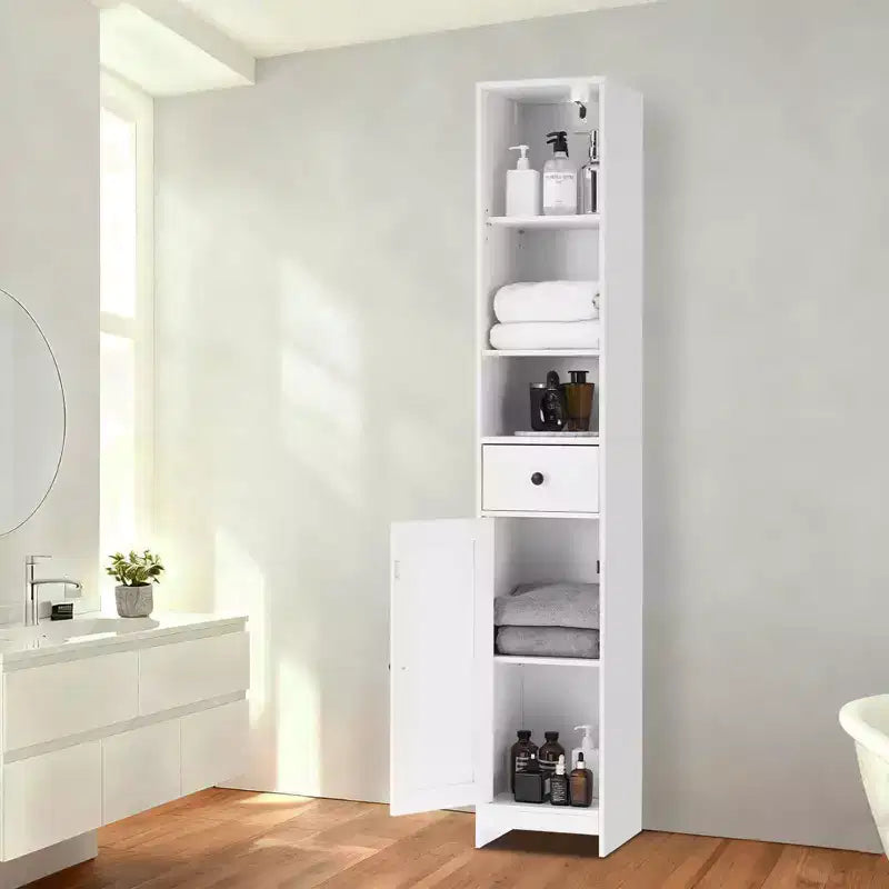 Mobiletto alto da bagno, Organizer alto da bagno autoportante con 3 ripiani aperti e 2 armadietti contenitori
