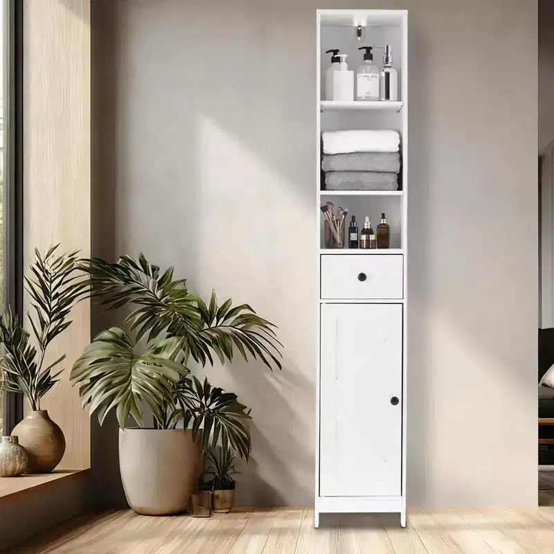 Mobiletto alto da bagno, Organizer alto da bagno autoportante con 3 ripiani aperti e 2 armadietti contenitori