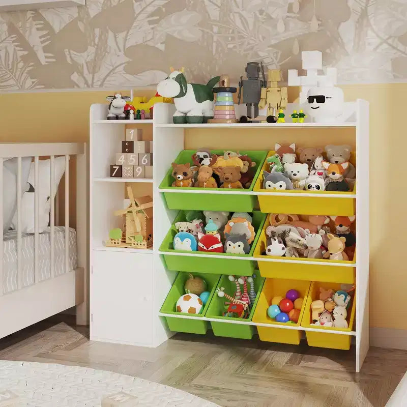 Organizzatore di giocattoli per bambini con 8 contenitori rimovibili, grande cesto dei giocattoli e libreria combinati per cameretta, asilo, aula per giocattoli e libri