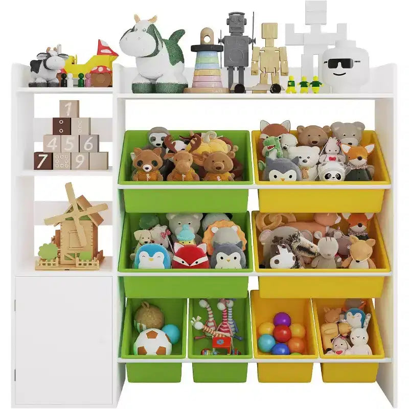Organizzatore di giocattoli per bambini con 8 contenitori rimovibili, grande cesto dei giocattoli e libreria combinati per cameretta, asilo, aula per giocattoli e libri