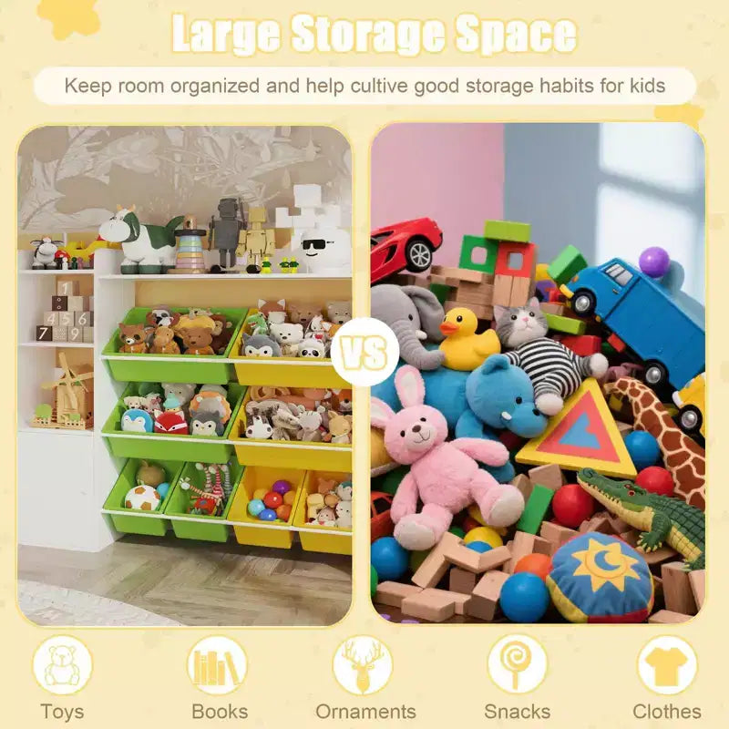 Organizzatore di giocattoli per bambini con 8 contenitori rimovibili, grande cesto dei giocattoli e libreria combinati per cameretta, asilo, aula per giocattoli e libri