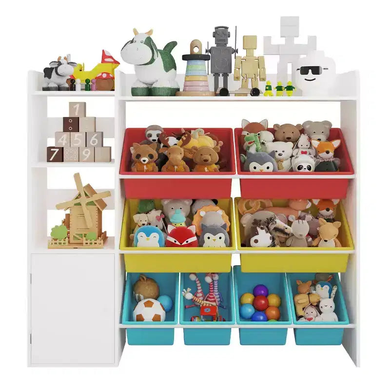 Organizzatore di giocattoli per bambini con 8 contenitori rimovibili, grande cesto dei giocattoli e libreria combinati per cameretta, asilo, aula per giocattoli e libri