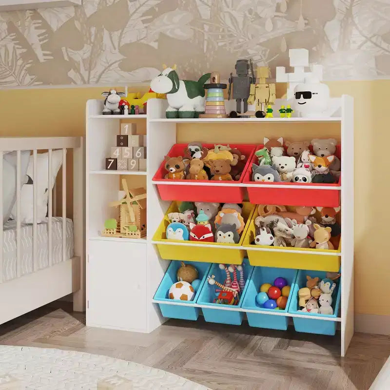 Organizzatore di giocattoli per bambini con 8 contenitori rimovibili, grande cesto dei giocattoli e libreria combinati per cameretta, asilo, aula per giocattoli e libri
