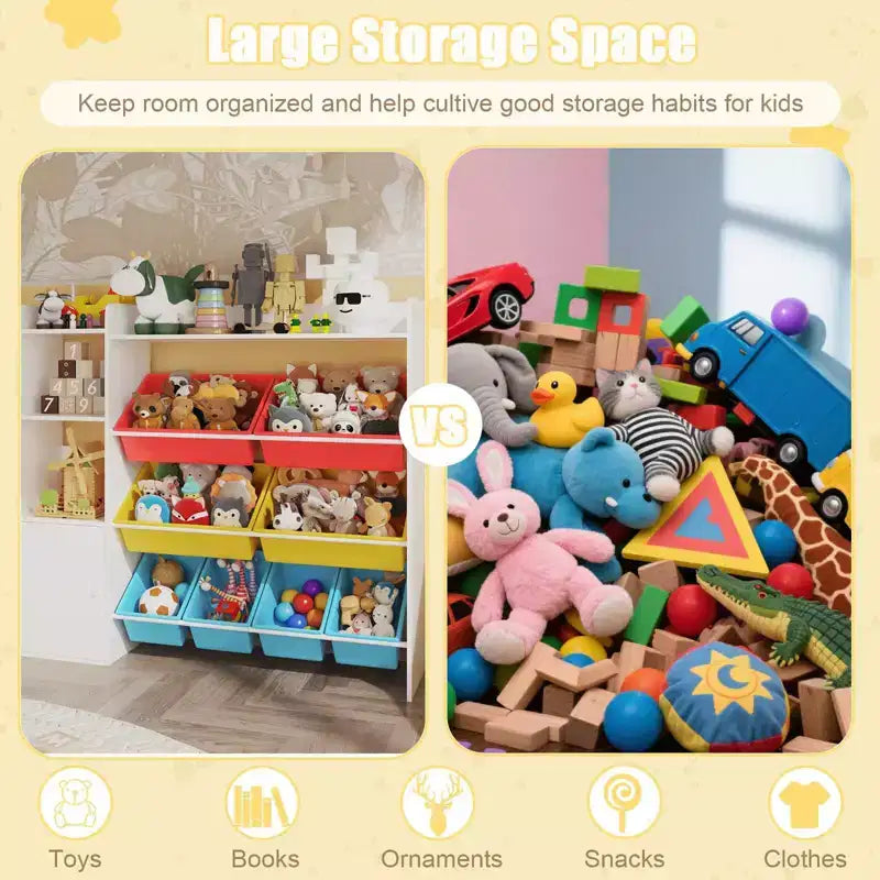 Organizzatore di giocattoli per bambini con 8 contenitori rimovibili, grande cesto dei giocattoli e libreria combinati per cameretta, asilo, aula per giocattoli e libri