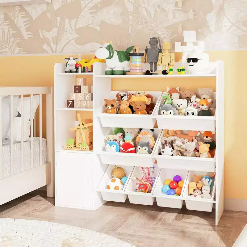 Organizzatore di giocattoli per bambini con 8 contenitori rimovibili, grande cesto dei giocattoli e libreria combinati per cameretta, asilo, aula per giocattoli e libri