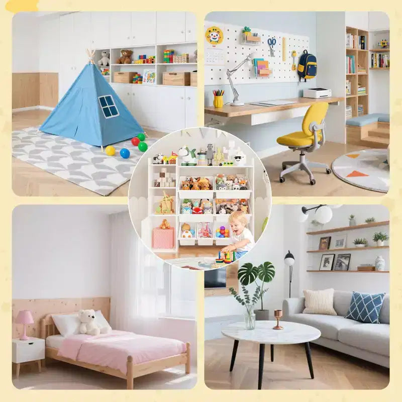 Organizzatore di giocattoli per bambini con 8 contenitori rimovibili, grande cesto dei giocattoli e libreria combinati per cameretta, asilo, aula per giocattoli e libri