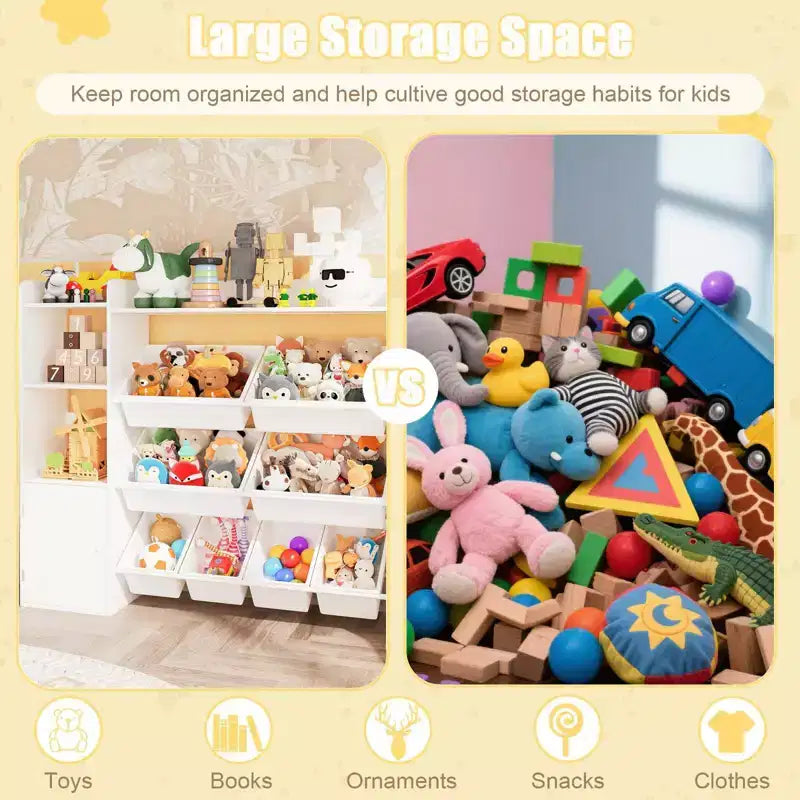 Organizzatore di giocattoli per bambini con 8 contenitori rimovibili, grande cesto dei giocattoli e libreria combinati per cameretta, asilo, aula per giocattoli e libri