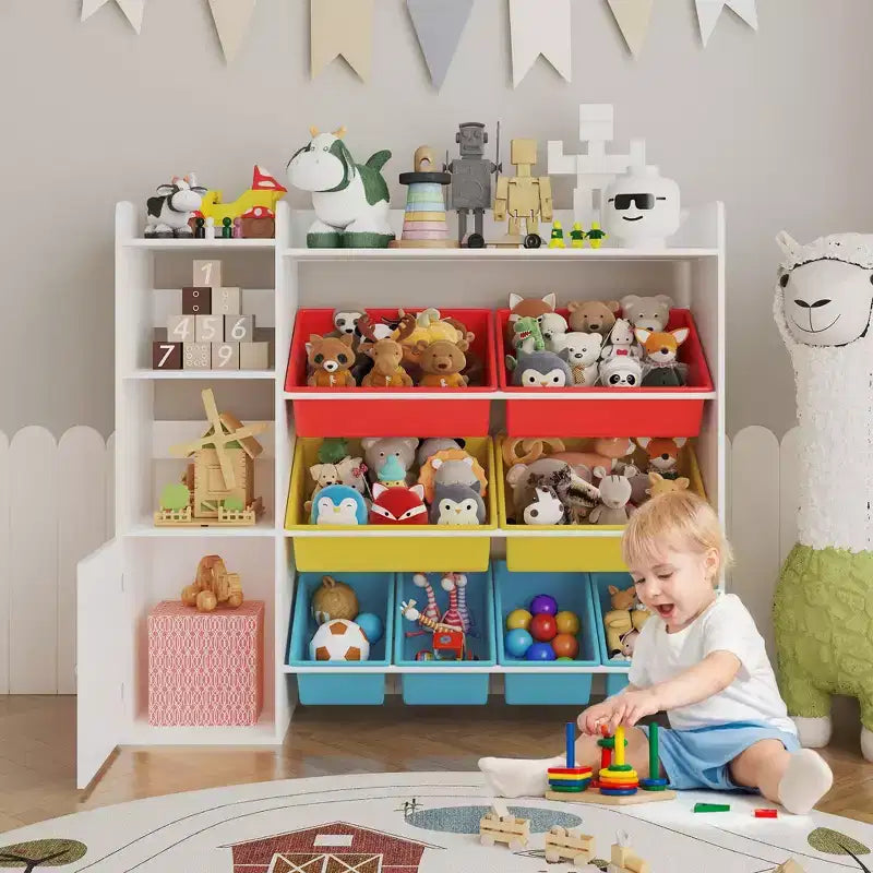 Organizzatore di giocattoli per bambini con 8 contenitori rimovibili, grande cesto dei giocattoli e libreria combinati per cameretta, asilo, aula per giocattoli e libri