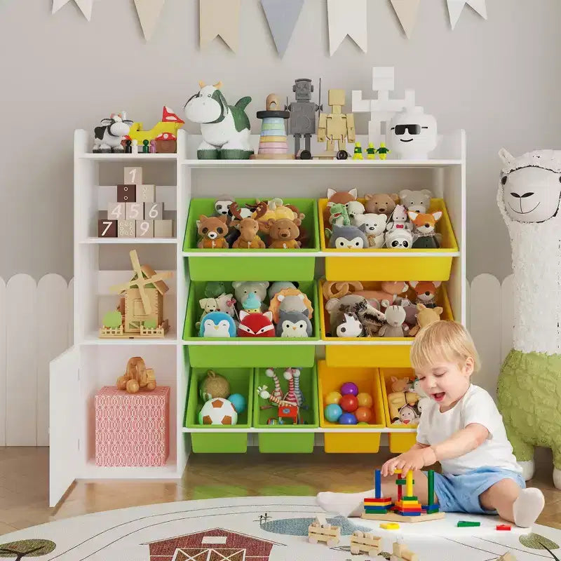 Organizzatore di giocattoli per bambini con 8 contenitori rimovibili, grande cesto dei giocattoli e libreria combinati per cameretta, asilo, aula per giocattoli e libri